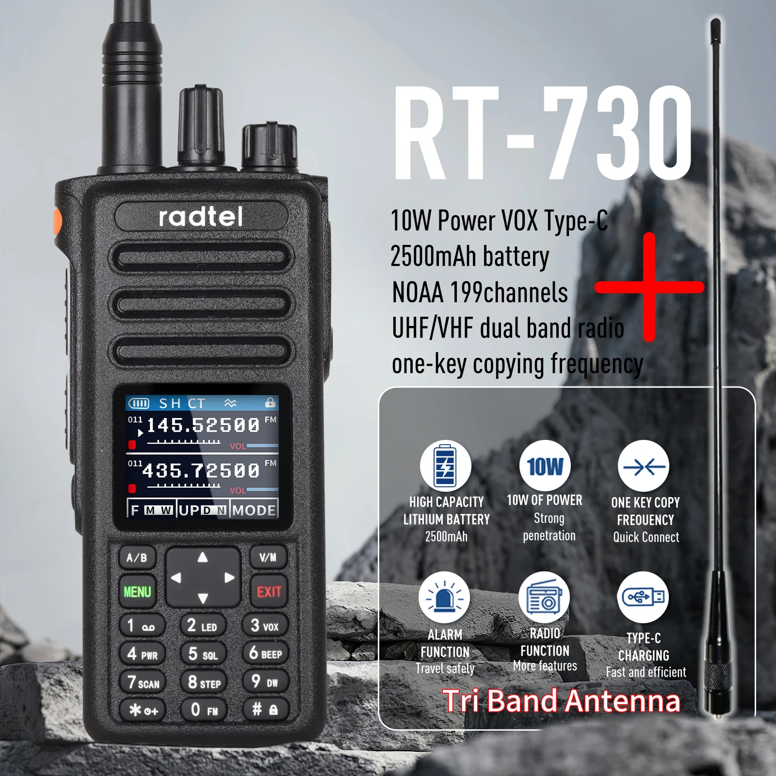 トップ! ウォーキートーキーrt-730, 10W,フルバンド,アマチュア,199ch, ht, usb-cバッテリー,noaa, fm, am, uhf, vhf, satcom