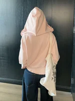 Korean Pink Zipper Hooded Sweatshirt for Women's Cute Outerwear Cardigan with Ruffle Edge Long Sleeved Top Loose Hoodie - Image 4