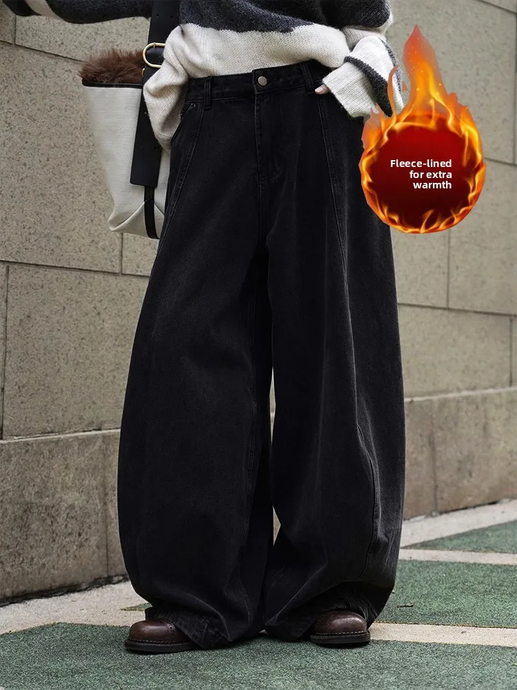 

American Retro Washed Thickened Fleece Women's Jeans High Waist Loose Lazy Feel Long Pants Pure Color Outdoor All Season