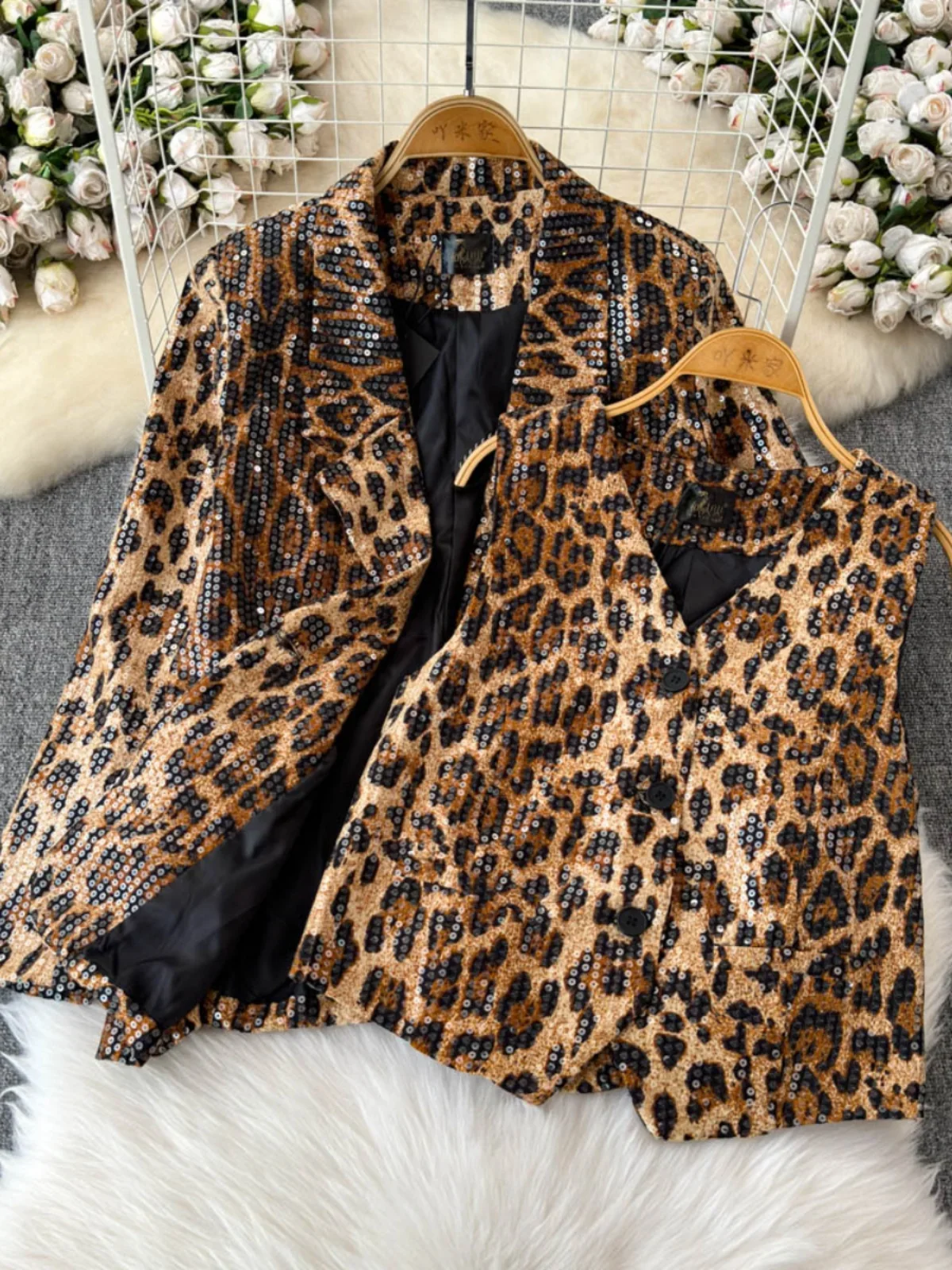 Leopard Print Sequined Loose Casual Blazer Women Autumn Winter V-neck Single-breasted Vest Skirt Three-piece Sets Womens Outfits