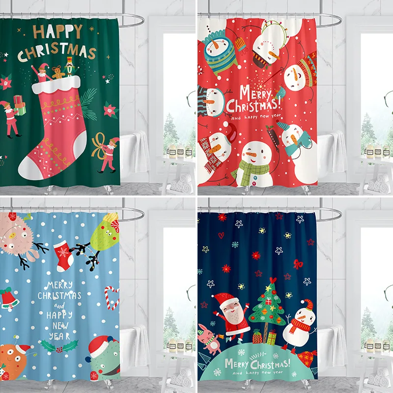 

Cute Cartoon Christmas washable Dirt-Resistant Shower Curtain Shower Head waterproof Polyester Bath Curtain For Home Decor