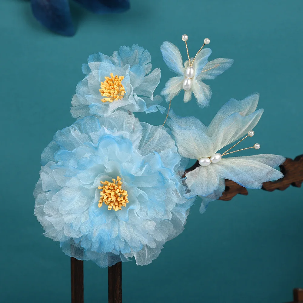 Handmade Original Design Antique Hair Accessories Light Blue Gradual Change Peony Hot Flower Hairpin Soft Rod Hanfu Headdress