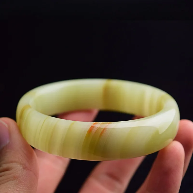 Natural Blue and White Jade Hand-carved Wood Grain Wide Strip Bracelet Fashion Jewelry Men and Women Wrapped Silk Jade Bracelet
