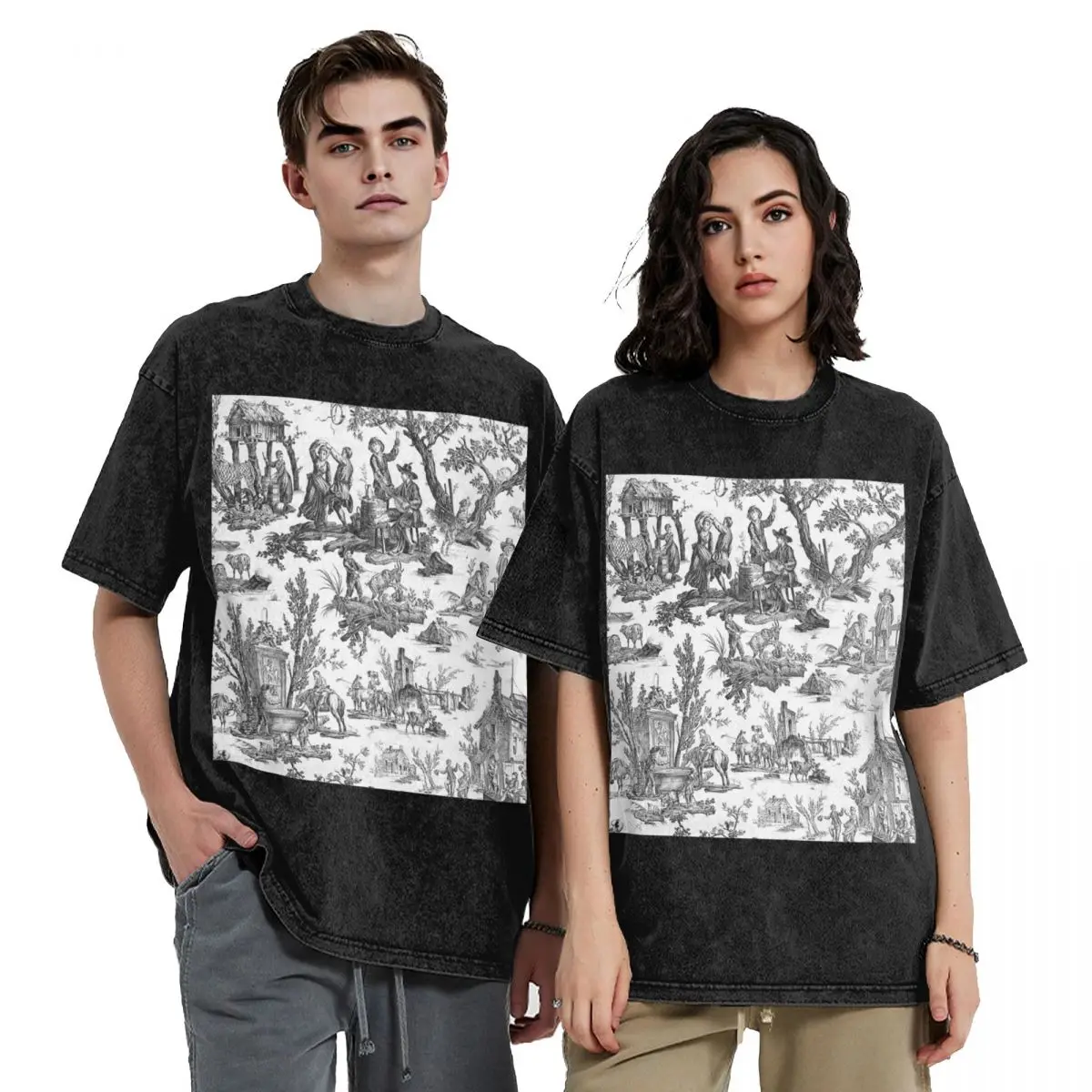 

Винтажные французские футболки с мотивом Toile De Jouy в стиле хип-хоп и короткими рукавами, потертые топы, футболки, уличная футболка с принтом для мужчин и женщин