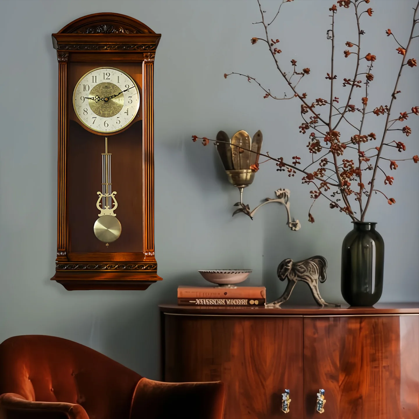 

American retro solid wood music timekeeping swing wall clock, medieval home living room large clock