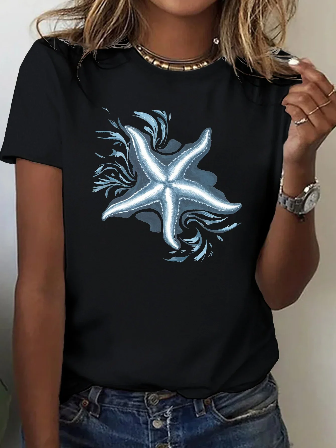 Y2K Aesthetic Women T Shirt Starfish Water Pattern Graphic Print Casual Short Sleeve Tee Summer Streetwear Tops For Ladies