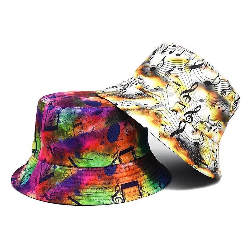 2024 Four Seasons Polyester Cartoon Note Print Bucket Hat Fisherman Hat Outdoor Travel Sun Cap for Men and Women 265