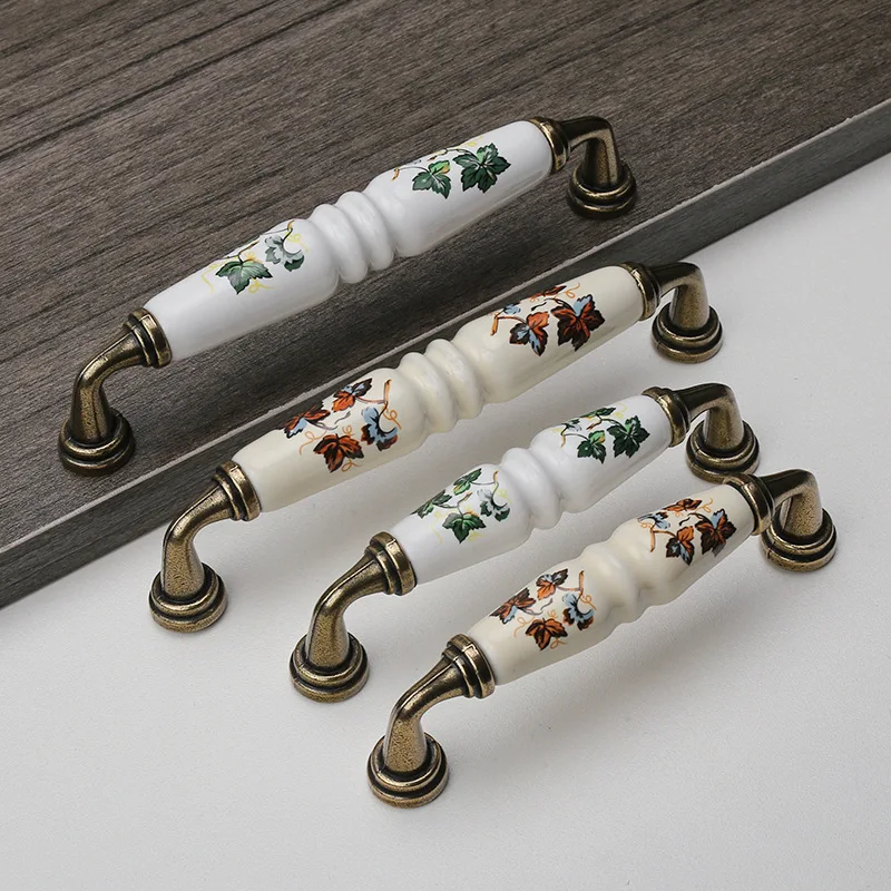 Ancient brown pattern ceramic pull handle, country-style cabinet door drawer furniture single-hole pull handle