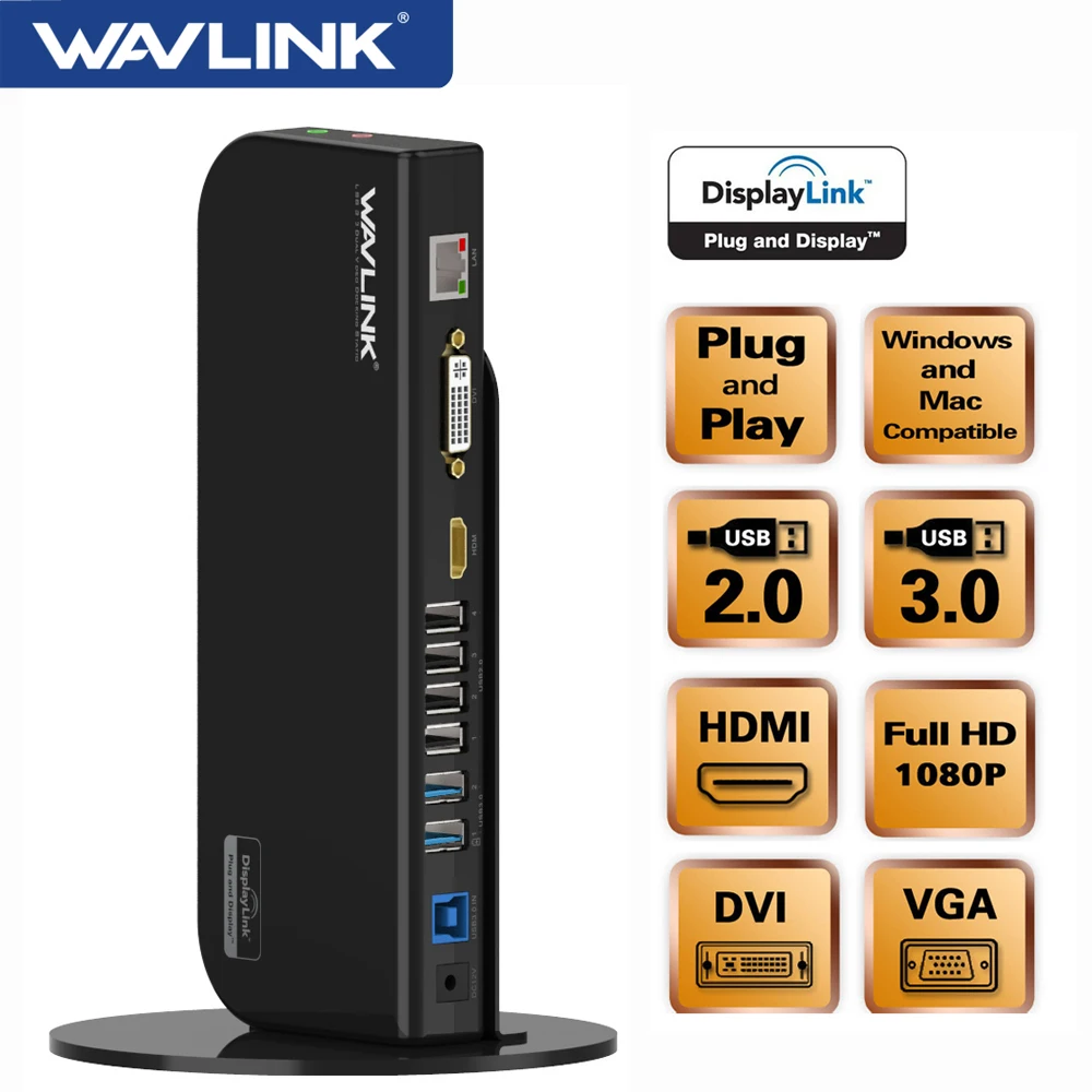 

Wavlink Universal USB 3.0 Docking Station Gigabit Ethernet Dual Video Display Fast Charging HDMI DVI VGA For Laptop Mac M1 M2