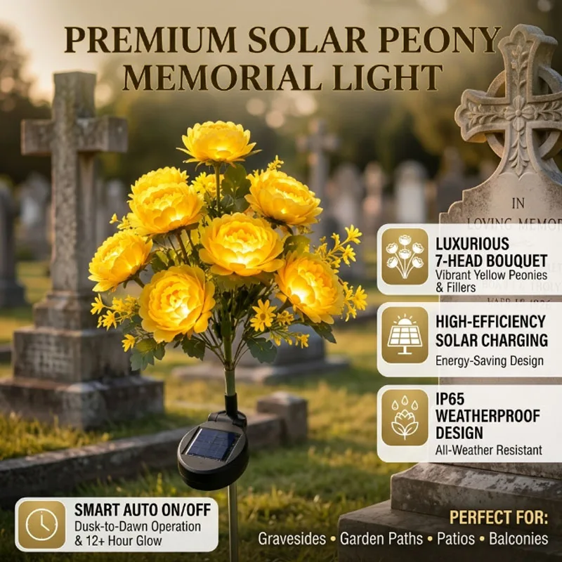 Solar Powered Seven-Head Artificial Peony Flower Lamp, Waterproof LED Light for Cemetery Grave Decoration & Memorial Day.