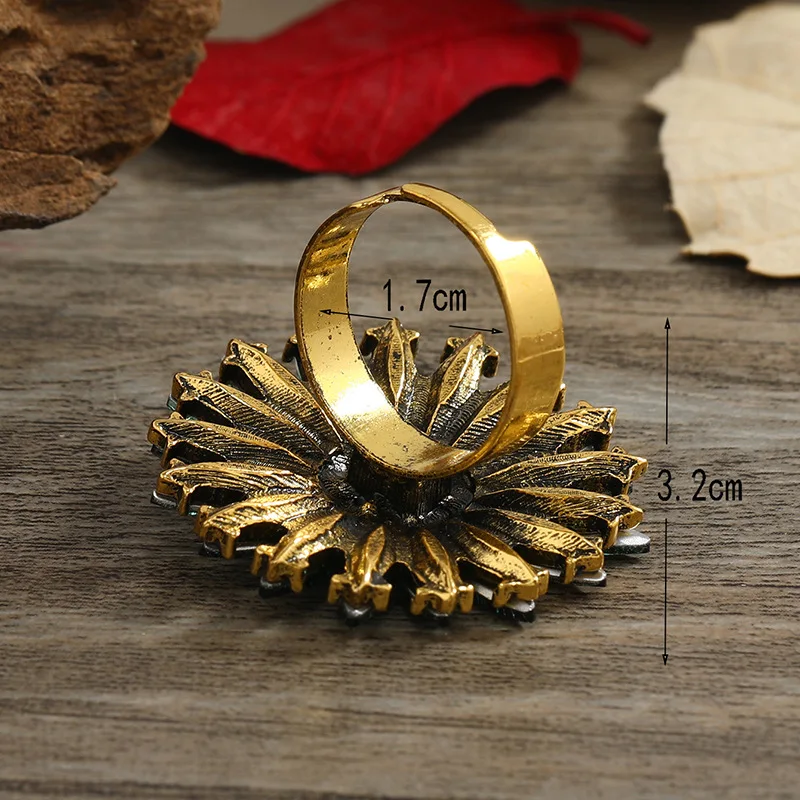 Luxury Green Crystal Flower Rings Vintage Fasihon Gold Color Adjustable Rings for Women Wedding Party Finger Jewelry Gifts