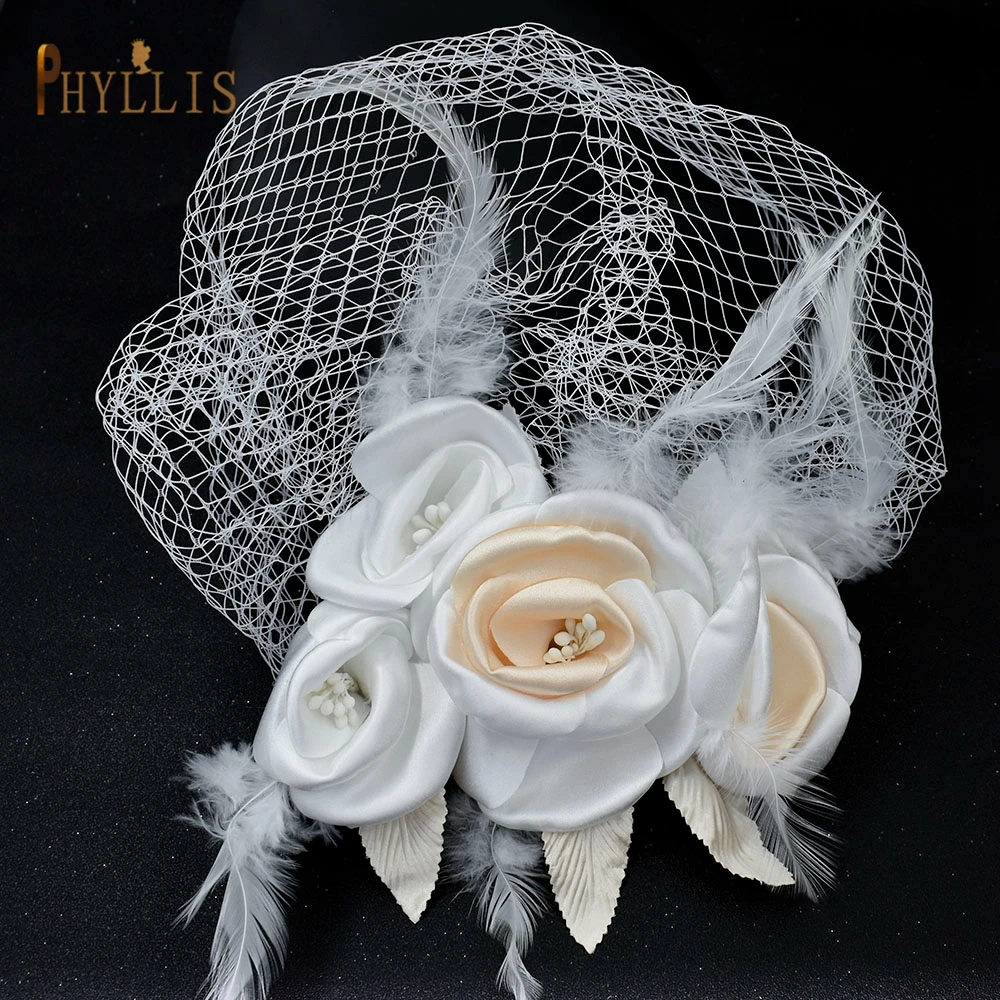 Jm01 handmade birdcage véu branco rosto net vintage casamento nupcial chapéus festa véu com pena encantadores casamento fascinadores