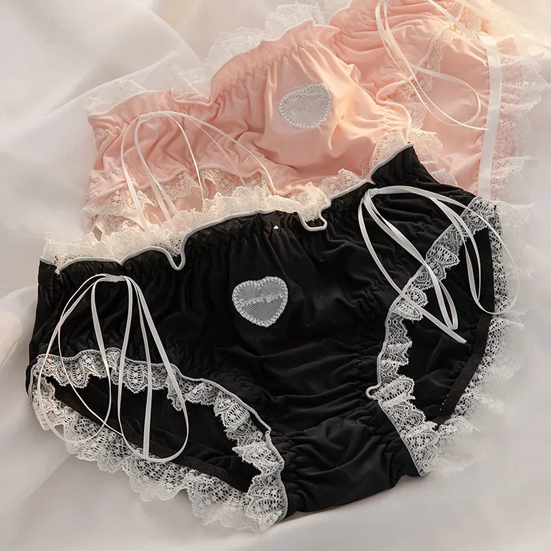 Japanese Style Panties Love Lace Cute Girl Ice Silk Hip Lift Sexy Female Bow Mid-waist Briefs Comfortable Seamless Women Briefs