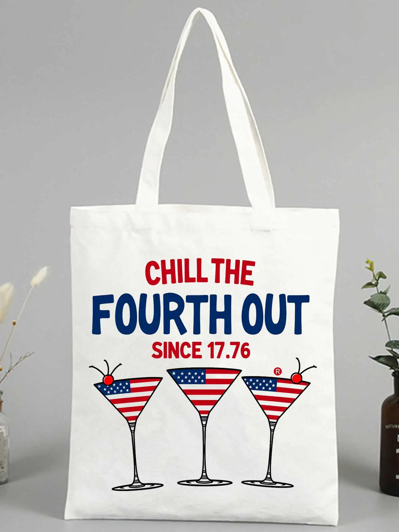 patriotic cocktail graphic canvas tote bag, casual style for Fourth of July celebrations and summer outings