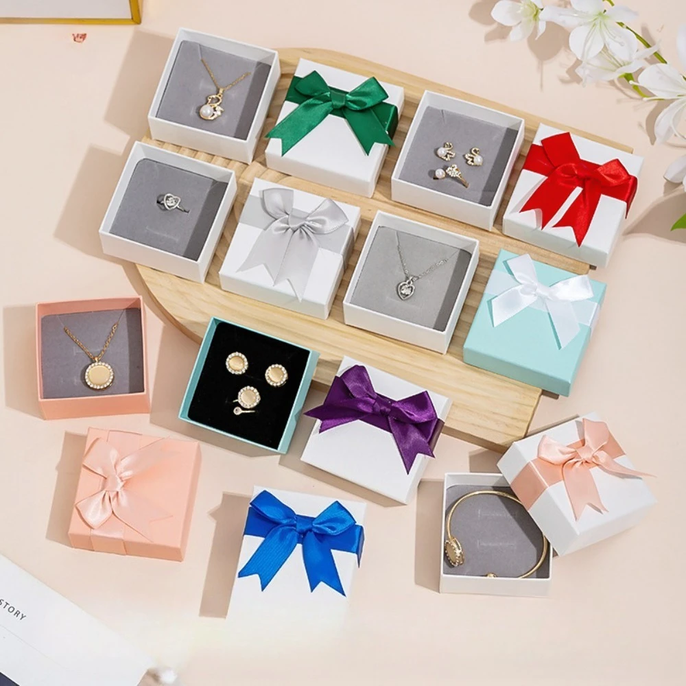 Ribbon Bow Jewelry Gift Box for Earring Necklace Bracelet Ring Jewelry Square Paper Box Gift Packaging Box Multi-color Available