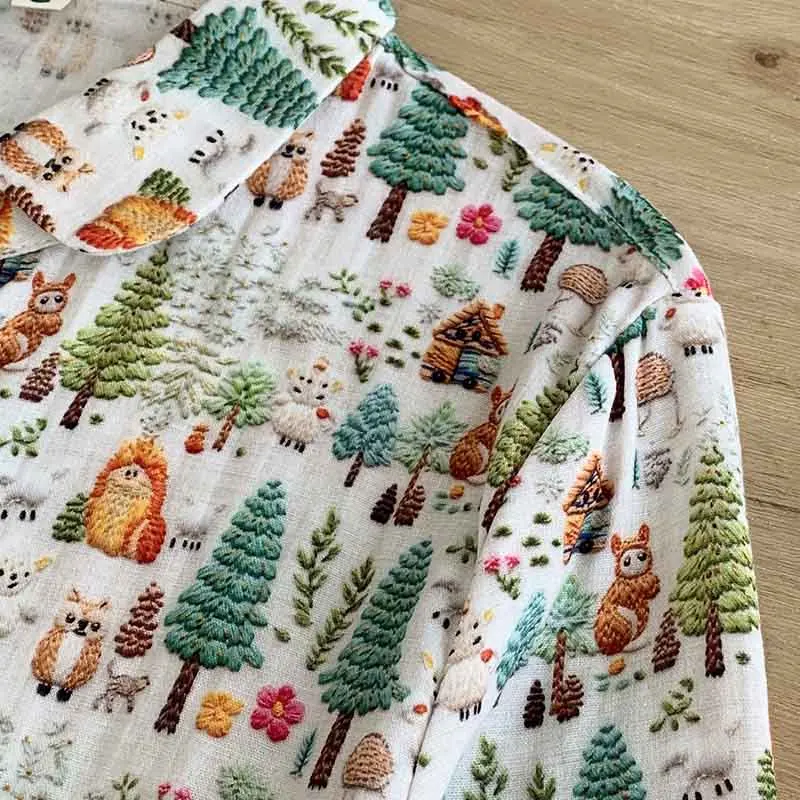 Chemise à manches longues en fil de coton à double couche pour femmes, chemises de base décontractées, impression de dessin animé, animal, automne, vente en gros, S070