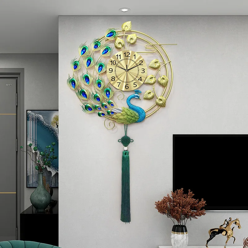 

Creative Golden Leaf Peacock Clock, Tassel Pendant, Home Decoration, Art