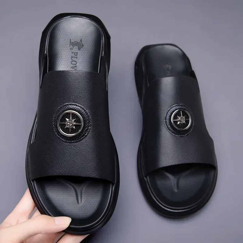 

New Men Shoes Genuine Leather Slipper Fashion Casual Slides Comfortable Air Cushion Thick-soled Beach Shoes