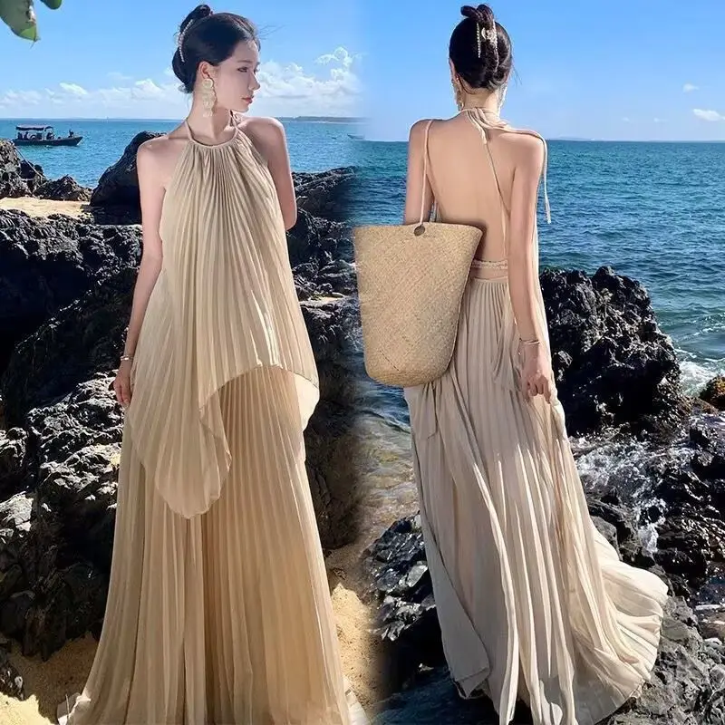 

2026 New Summer Beach Vacation Long Dress Set Elegant Flowy Swing Hem Fairy Style Outfit for Photo Shooting