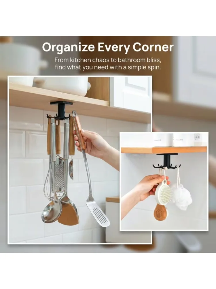360 Rotating Kitchen Hooks Adhesive Utensil Organizer Rack with 6 Hooks No Drill Cabinet Mount for Spoons Towels & Cups