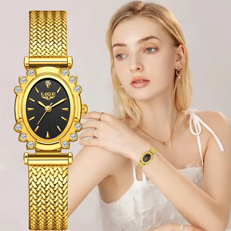 

LIGE Elegant Quartz Watches for Woman Fashion Classic Diamond Dial Luxury Mesh Strap Waterproof Simple Casual Women's Wristwatch