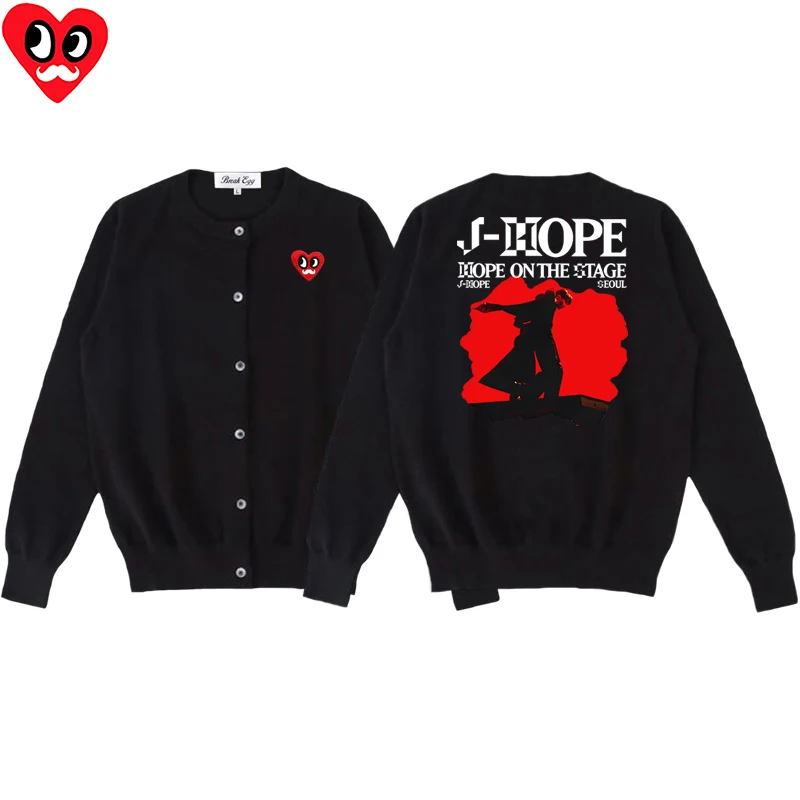 Kpop J-Hope Hope World Tour 2025, bedruckt, Damen-Strickjacke, rote Augen, Bart, Herz-Stickerei, Baumwolle, O-Ausschnitt, einreihiger Pullover