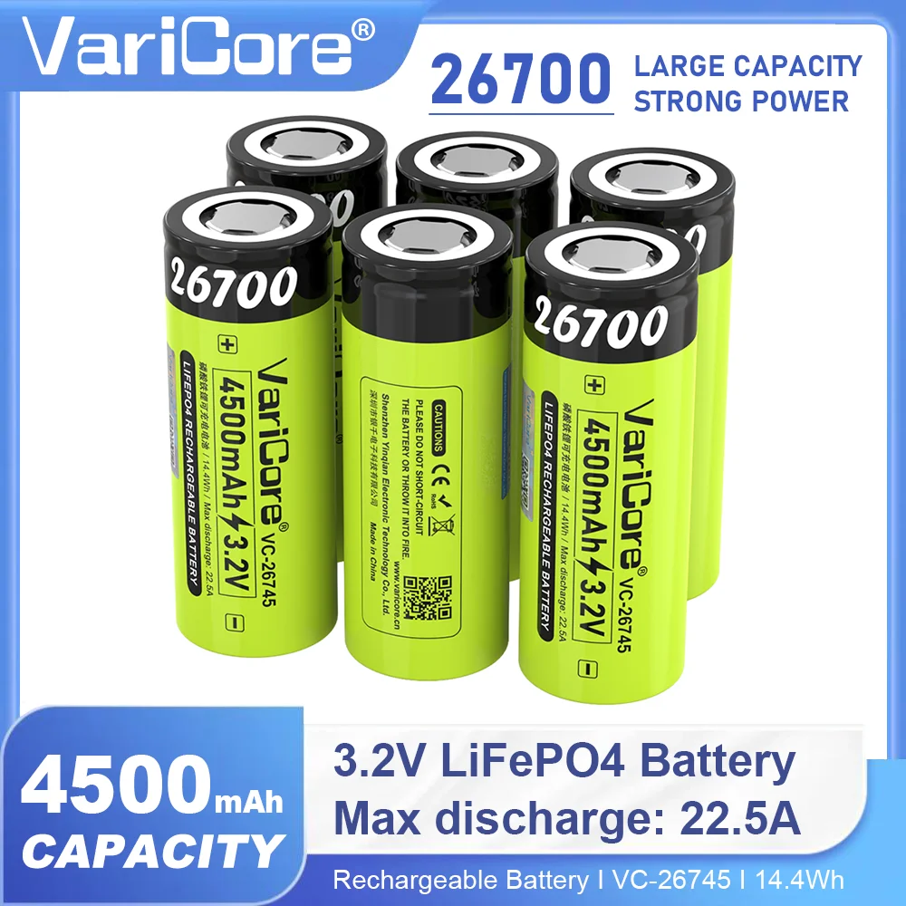 VariCore 3.2 فولت 26700 4500 مللي أمبير LiFePO4 بطارية قابلة للشحن VC-26745 أقصى تفريغ 22.A لمصباح يدوي الحفر بنك الطاقة الشمسية