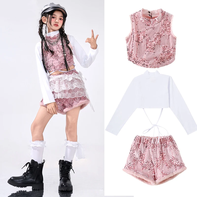 

Fashion Group Performance Kpop Costume Girls Sequins Jazz Dance Clothing Stage Festival Outfits Kids Hip Hop Clothes XS10715