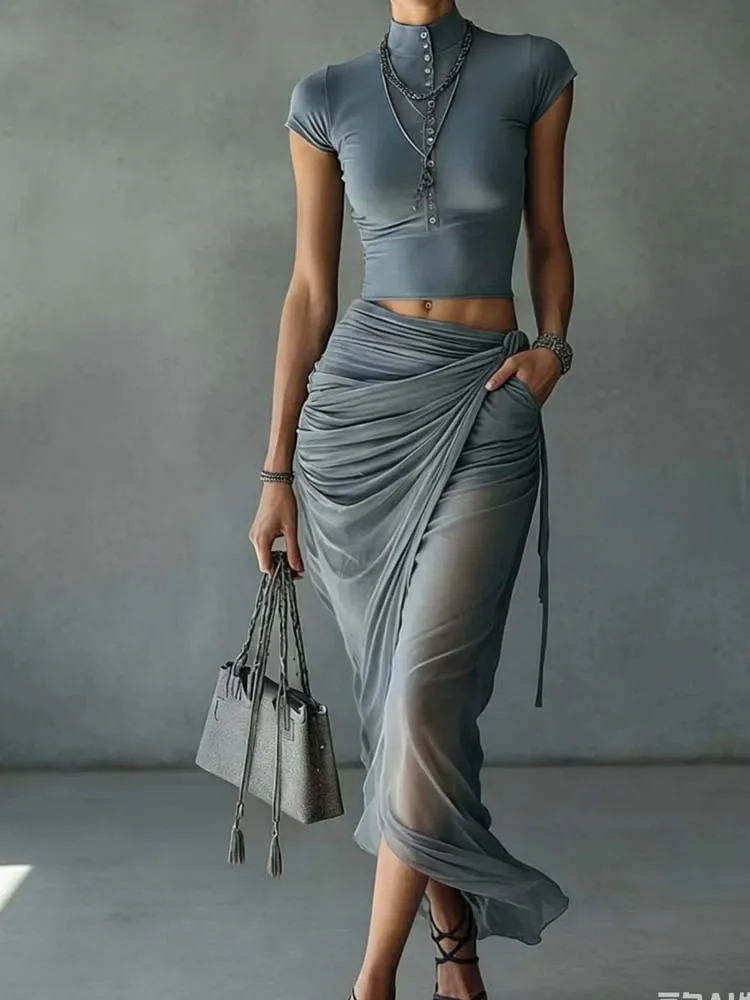 2026 Sexy High Neck Short Sleeve Crop Top Ruched Sheer Maxi Skirt Elegant Gray Party Outfit Women Slimming Half Skirt Set