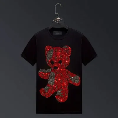 2024 Cartoon Bear Rhinestones T Shirts Men Brand Short Sleeve Fashion Streetwear O Neck Slim Modal Cotton T-shirts Ropa Hombre