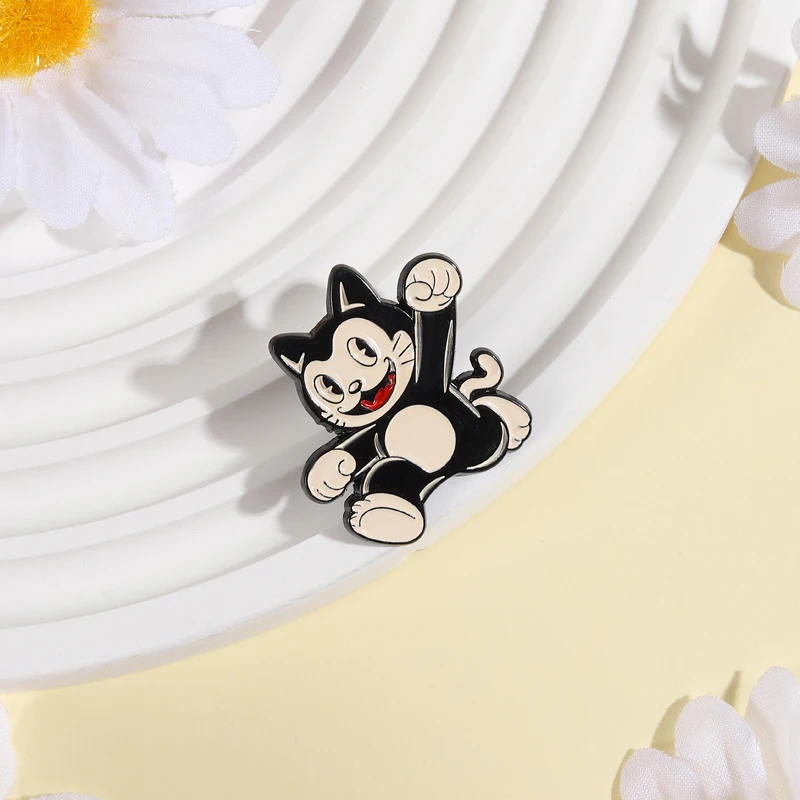 American Animated Role Black Cat Enamel Pins Brooch Cartoon Happy Running Cat Brooches Clothes Lapel Badge Jewelry Friends Gifts