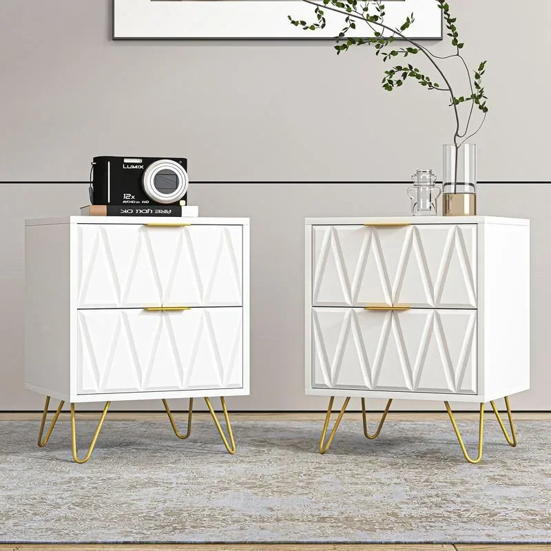 2pcs Nightstand Modern Bedside Table with 2 Drawers & Gold Metal Legs, Simple and Elegant Bedside Table,Night Stand Metalg Room