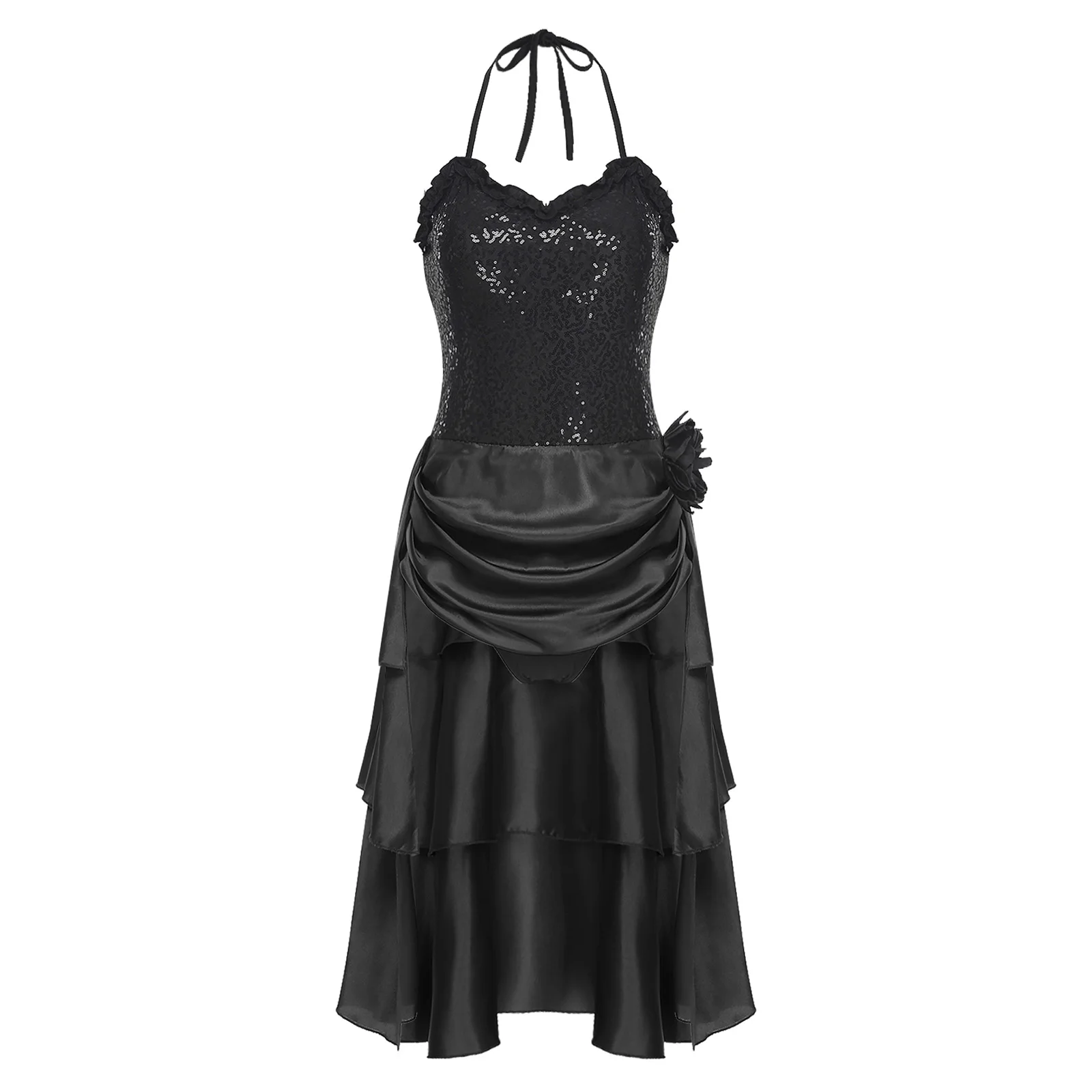 

Womens Latin Rumba Dance Dress Halter Sequins Bodice Tiered Irregular Hem Dress with Flower Brooch for Latin Samba Ballroom
