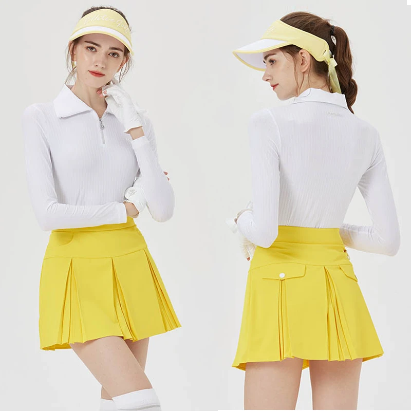 

Blktee Ladies Long Sleeve Golf Shirt Zipper Collar Sports Tops Women A-lined Slim Skirt High Waisted Elastic Skorts Fashion Suit