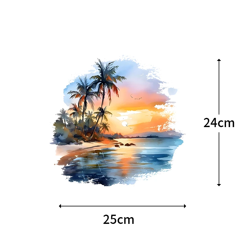 25CM Summer Beach and Sunset Ironing Heat Transfer T-shirt DIY Decorative Stripes Washable Palm Tree Women\'s Clothing Stickers