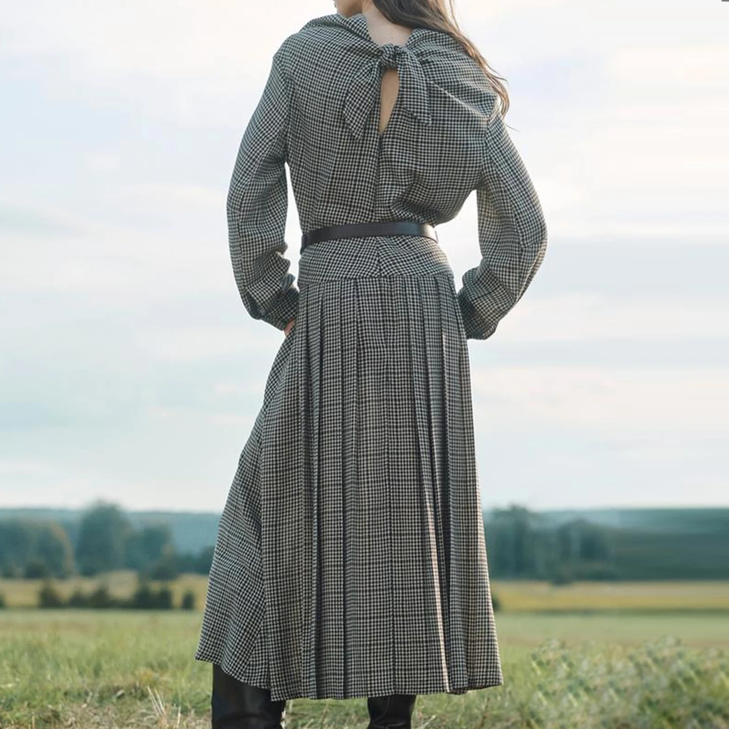 2025 Autumn New Sle Women's Faion Personali Wide Pleat Plaid Dr Z Long Sve Loose Fit Daily Wear