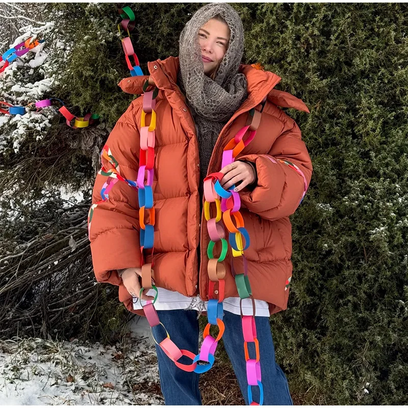 Polka Dot Padded Coat Color‑block Hooded Stand Collar Zipper Buttons Oversized Jacket 2026 Winter Women Warm Chic Casual Outfits