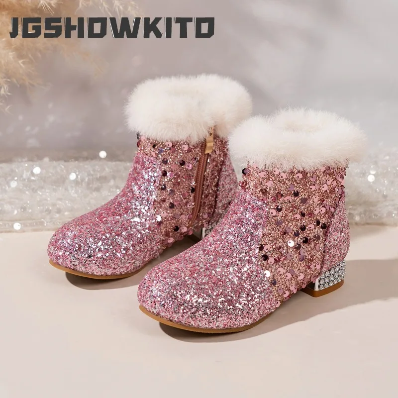 JGSHOWKITO Girl Glitter Ankle Boots Princess Luxury Children Winter Cotton Boots Fluffy Kids Chunky Heel Boots for Wedding Party
