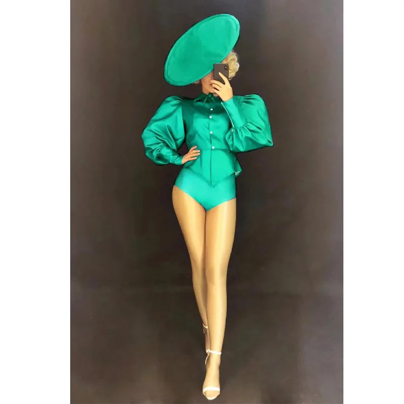 Sexy Bodysuit Big Hat Womens Nightclub Costume Teams Catwalk Stage Birthday Party Wear Bar Jazz DJ Pole Dancing Jumpsuit Female