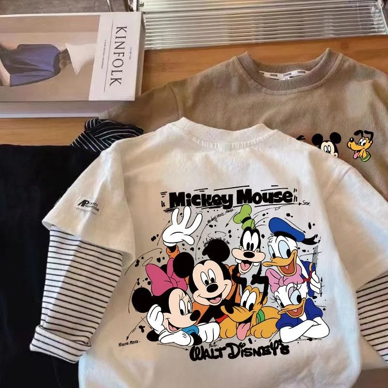 Mickey Mouse Puur Katoen Jongens en Meisjes T-shirt met lange mouwen Lente en herfst Nieuwe nep tweedelige cartoon buitenste dieptepunt