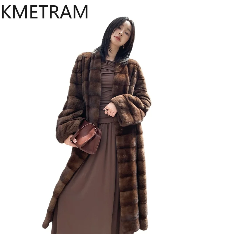 

KMETRAM Natural Mink Fur Coat Woman Luxury Long Fur Jacket V-Neck Fluffy Real Fur Coats Winter Women Clothes 2026 шуба женская