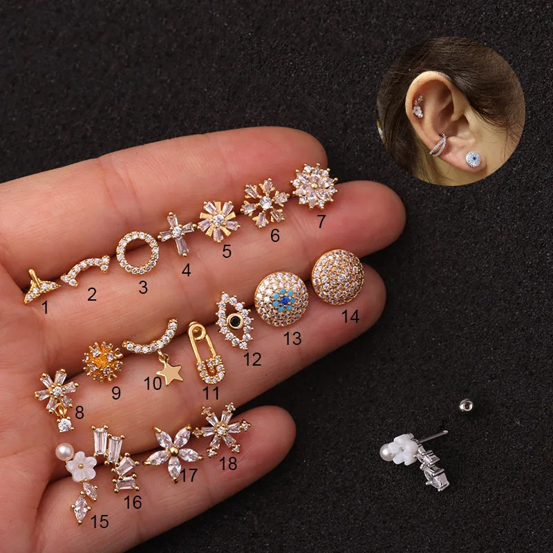 20G Floral Surgical Stainless Steel Cubic Zircon Ear Stud Earrings, Gold/Silver Plated Earring for Sensitive Ear Cartilage Helix