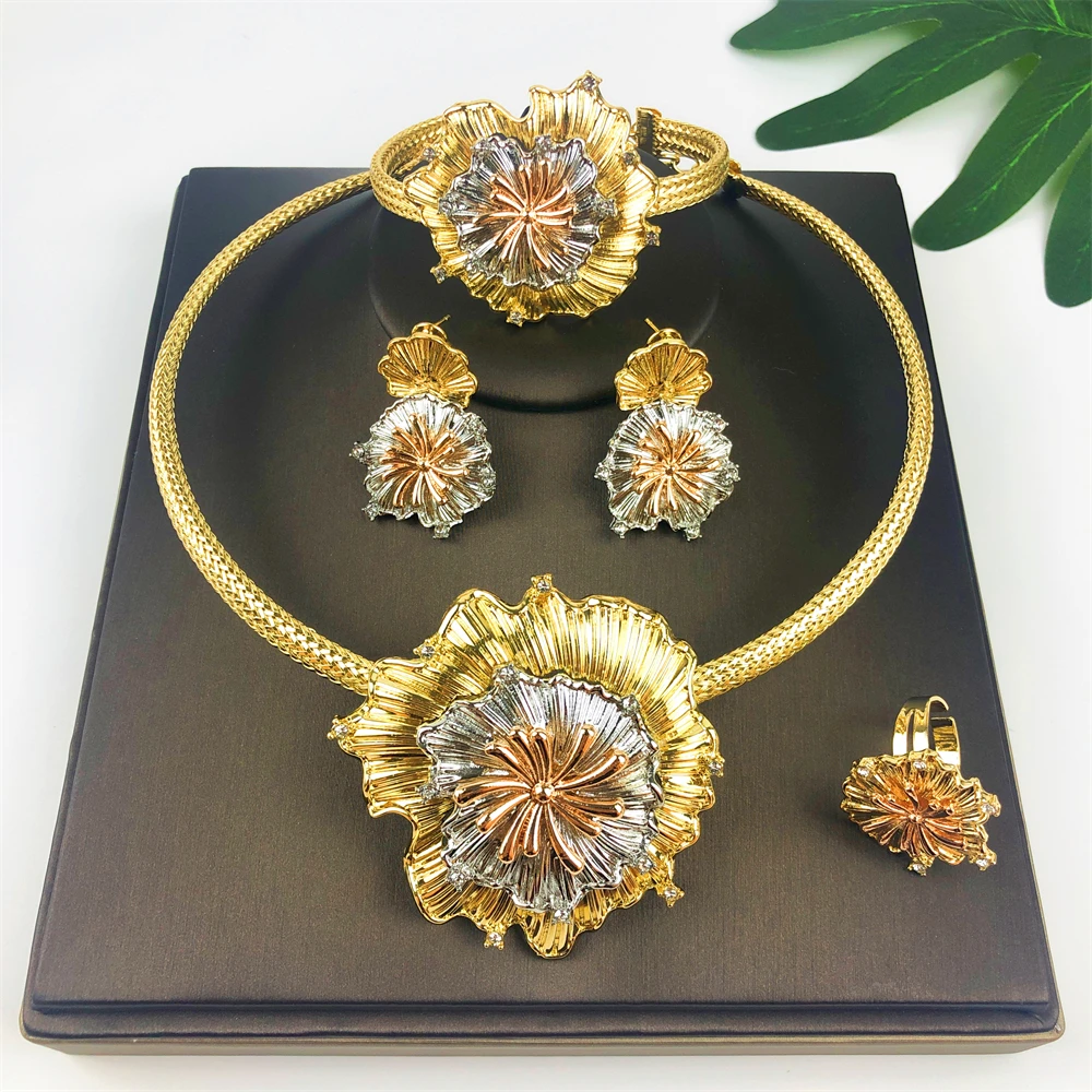 

Women Jewelry Set African Nigeria Bold Jewelry 18K Gold Plated Plant Leaves Necklace Earring Bracelet Ring Party Gifts