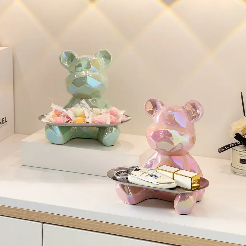 Ceramic Geometric Bear Ornament Coin Bank Home Living Room Desktop Remote Control Key Storage Tray Decorative Statue