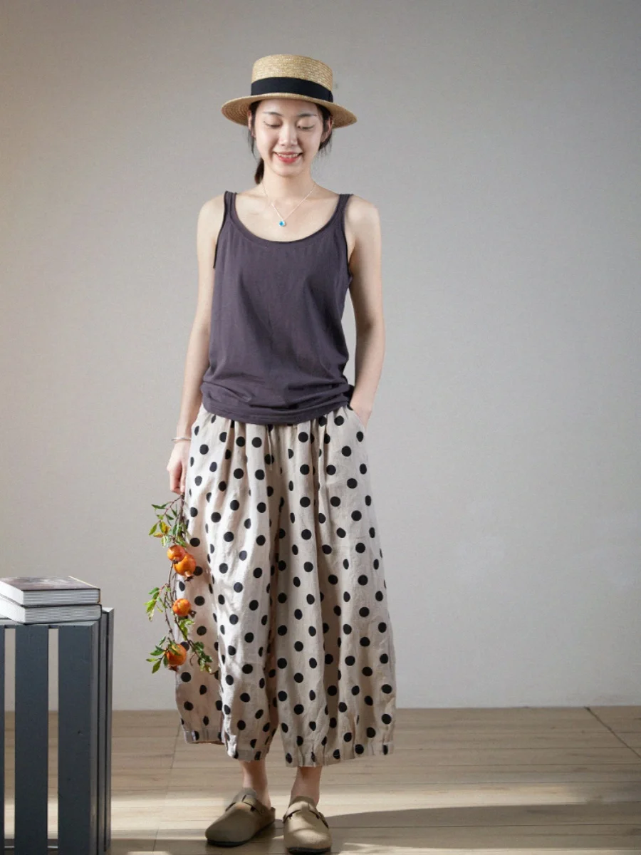 Cotton Linen Casual Long Pants Women's Loose Wide Leg Pants Polka Dot Print Spring Summer New Sle Comfortable Artistic Trou...