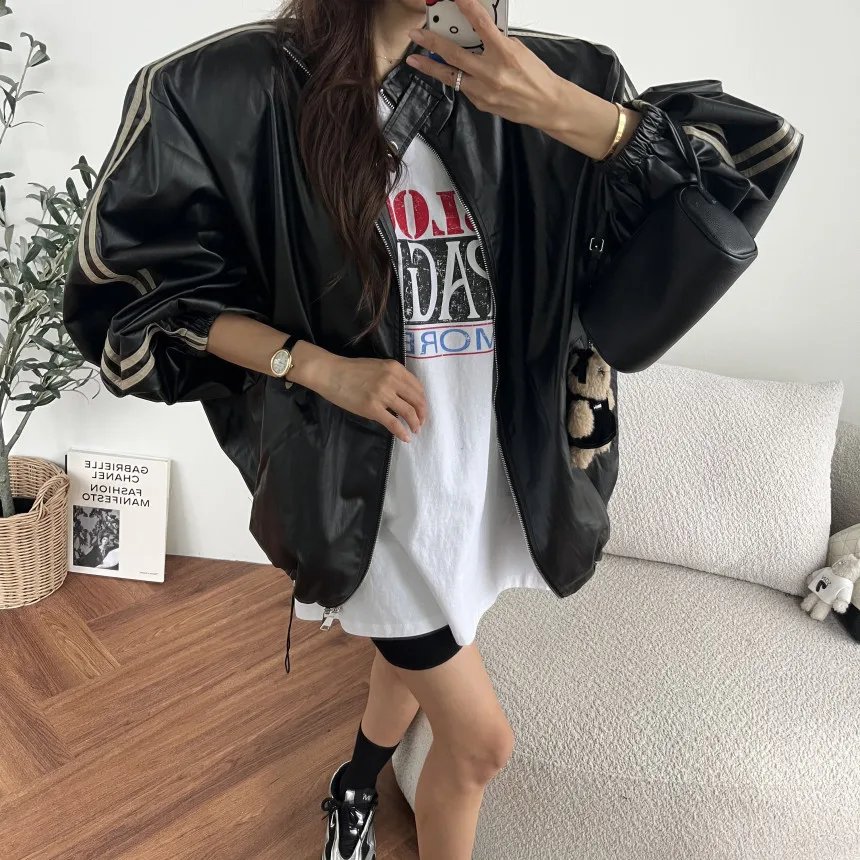 Korean Style Women's Fashionable Striped Zipper Motorcycle Shape Jacket Spring Autumn Drawstring Stand Collar Outerwear