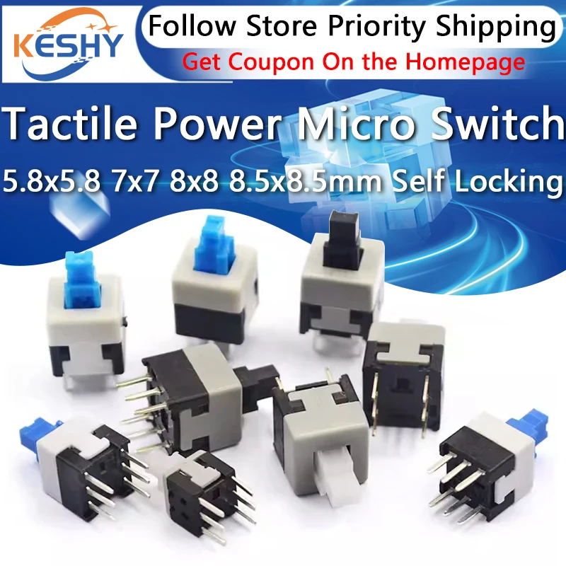 10PCS/LOT 5.8x5.8 7x7 8x8 8.5x8.5mm Self Locking / UNlock Push Tactile Power Micro Switch Kit 6 Pin Button Switches