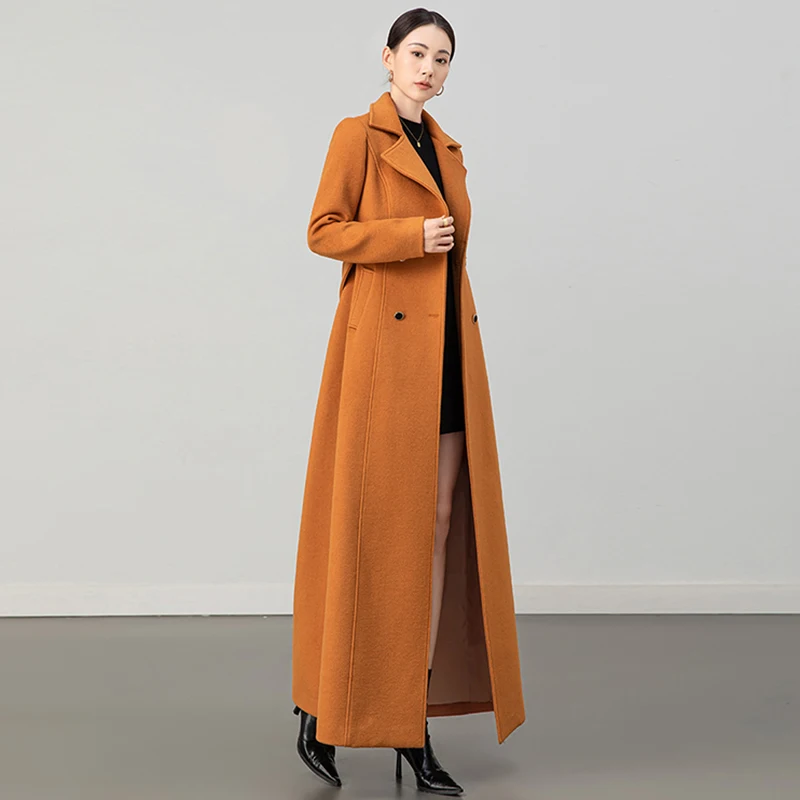 New Women Autumn Winter Woolen Overcoat Simplicity Fashion Suit Collar Double Breasted Slim Wool Blended Coat Elegant Long Coat