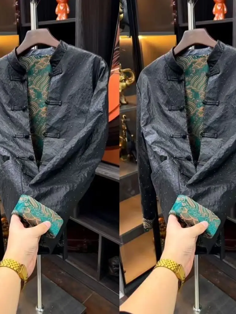 

New 2025 Chinese Sle Men's Jaet Collar Button up Retro Tang Costume Coat Long Sve Stand Fit Youth Faion Autumn Wear