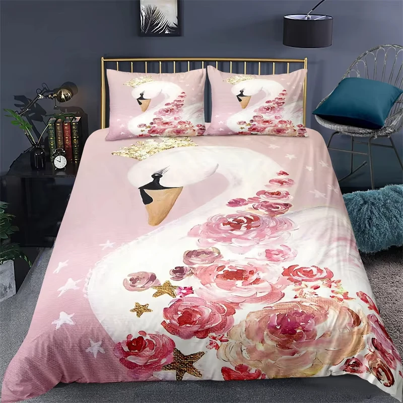 Swan Duvet Cover Twin King For Kids Girls Teen Cartoon Animal Bedding Set Microfiber Crown Star Romantic Floral Comforter Cover